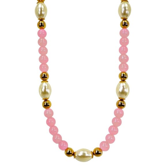 Pink glass and white pearl bead necklace mixed with gold beads 20" - Picture 2 of 12